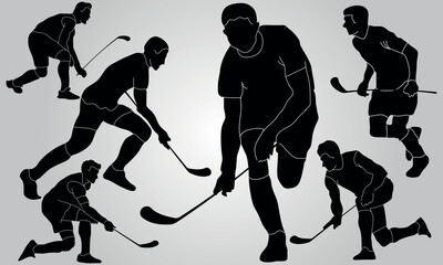 Vector hockey player stick field set of silhouettes