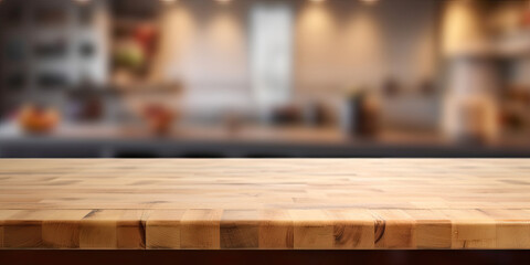 Fototapeta na wymiar Wooden kitchen table. . In the background is a blurred kitchen background. Kitchen banner.