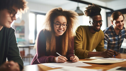 A diverse group of students collaborating on a project in a well-lit classroom, with copy space