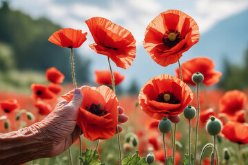 Fototapeta premium elderly fingers hold a brilliant red poppy