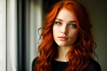 Beauty red-haired young woman green eyes mysteriously looking at camera. Redhead model sexy girl beauty face. Generative AI