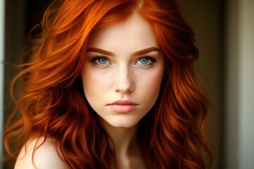 Fototapeta premium Beauty red-haired young woman green eyes mysteriously looking at camera. Redhead model sexy girl beauty face. Generative AI