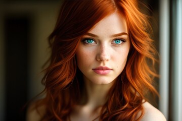 Naklejka premium Beauty red-haired young woman green eyes mysteriously looking at camera. Redhead model sexy girl beauty face. Generative AI