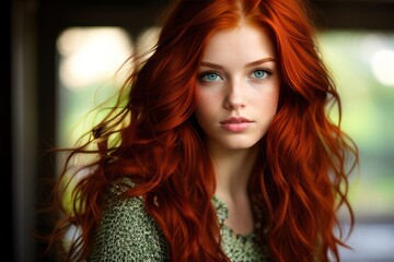 Beauty red-haired young woman green eyes mysteriously looking at camera. Redhead model sexy girl beauty face. Generative AI