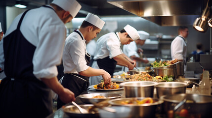 A team of young chefs preparing dishes in a busy restaurant kitchen, with copy space