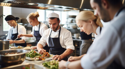 A team of young chefs preparing dishes in a busy restaurant kitchen, with copy space