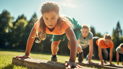 Young athletes participating in a team-building obstacle course, with copy space