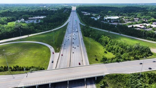 Aerial view of vehicles driving on the interstate near Columbus town, Ohio, United States.