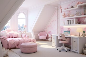 Children's room for girls in classic style in light pink colors and white furniture.