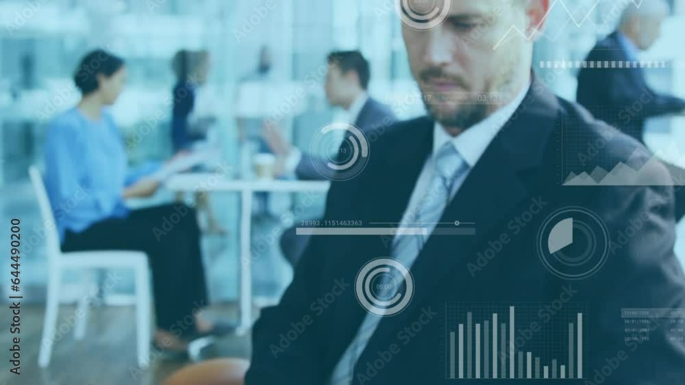 Poster animation of statistical data processing over caucasian businessman using digital tablet at office