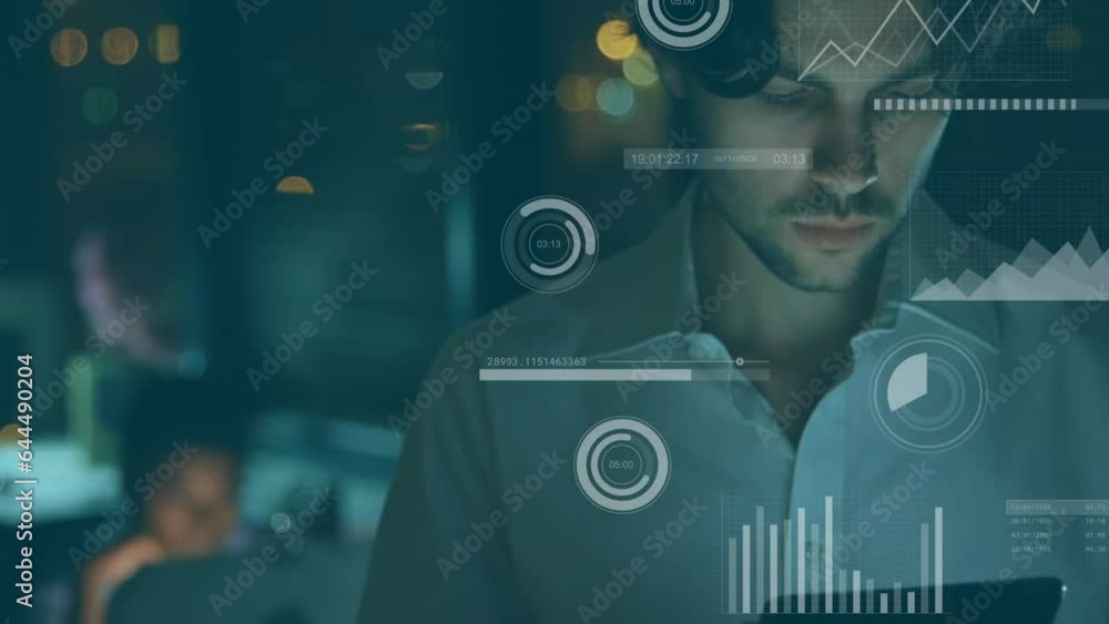 Poster animation of statistical data processing over caucasian man using tablet working late at office
