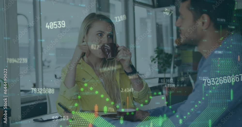 Poster animation of financial data processing over caucasian couple talking to each other in a cafe