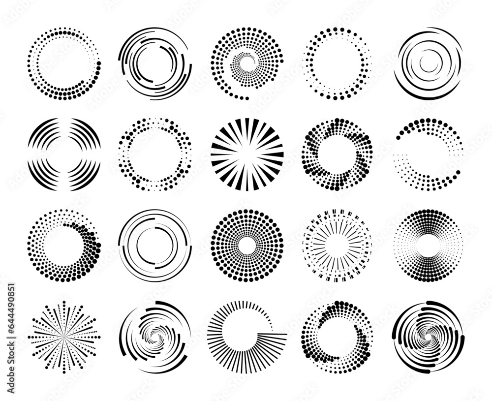 Wall mural halftone circle speed lines. dashed dotted spiral dynamic swirls, radial geometric pattern, concentr