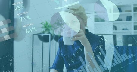 Animation of statistical data processing against caucasian woman drinking coffee at office - Powered by Adobe