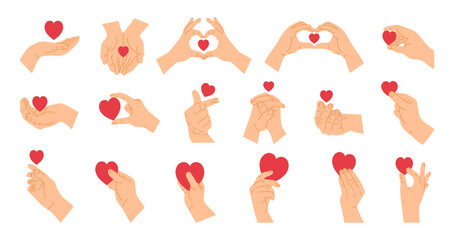 Cartoon hands with heart. Red heart in expression hands, gesture poses showing and holding love heart shape. Romance concept with palm and fingers for Valentines Day vector set