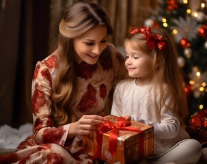 Fototapeta na wymiar Mother and daughter at Christmas. Close-up portrait of cute little girl unpacking gifts with her happy mom at home at xmas night, new year celebration, magic garlands bokeh background
