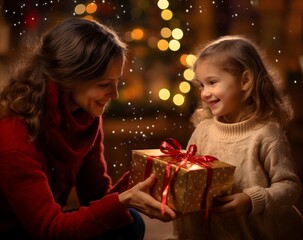 Obraz na płótnie Canvas Mother and daughter at Christmas. Close-up portrait of cute little girl unpacking gifts with her happy mom at home at xmas night, new year celebration, magic garlands bokeh background