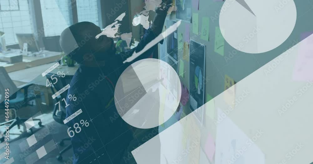Poster animation of statistical data processing over african american man writing on memo notes at office