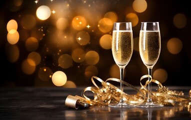 Champagne for festive cheers with gold sparkling bokeh background. Glasses of sparkling wine in front of tender bright night view. Horizontal background for celebrations and invitation cards space