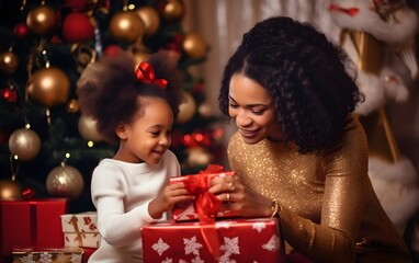 Fototapeta na wymiar Mother and daughter at Christmas. Close-up portrait of cute little girl unpacking gifts with her happy mom at home at xmas night, new year celebration, magic garlands bokeh background