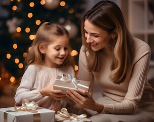 Mother and daughter at Christmas. Close-up portrait of cute little girl unpacking gifts with her happy mom at home at xmas night, new year celebration, magic garlands bokeh background