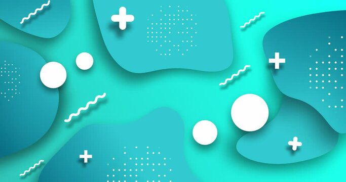 Sky blue Flat animated minimalistic geometrical shape motion graphics background. Background consist of Different assorted shape circle, zig zag lines and cross waving and moving.