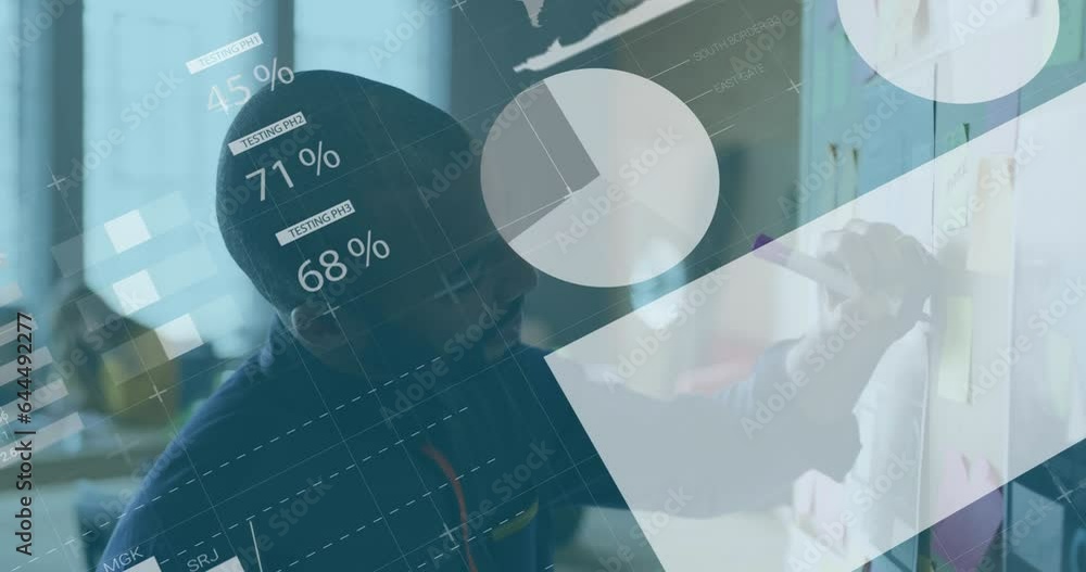 Poster animation of statistical data processing over african american man writing on memo notes at office
