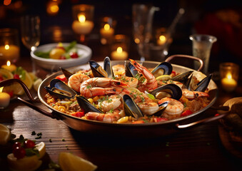 Pan with classic seafood paella on wooden table.Macro.AI Generative.