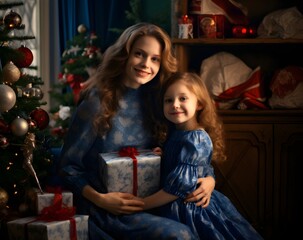 Fototapeta na wymiar Mother and daughter at Christmas. Close-up portrait of cute little girl hugging her happy mom while sitting at home in xmas time, new year celebration, white colors