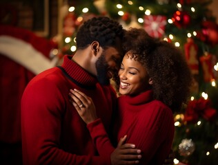 Obraz na płótnie Canvas Young black lovers in Santa hats having fun on red studio background, closeup. Cheerful african guy hugging his happy pretty woman from behind, celebrating New Year 2023 or Christmas together