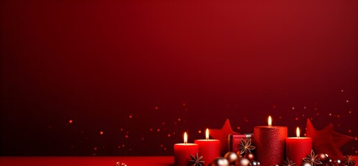 Christmas and new year red background - red candles and festive decoration elements on a modern color background, abstract glitter, banner for celebration, copyspace