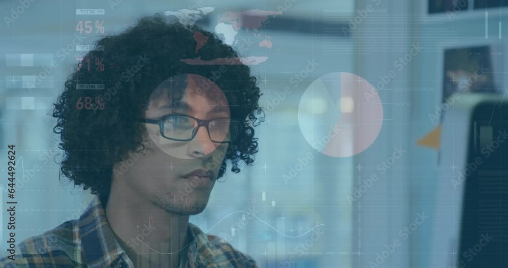 Poster animation of statistical data processing over biracial man using computer and smiling at office