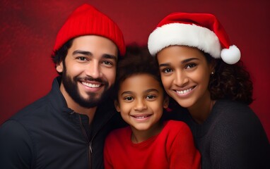 Christmas multiracial family close up portrait photoshoot on red modern color background. Happy mom, dad and little daughter in Santa Claus hats . Enjoying love hugs, holidays. Togetherness concept