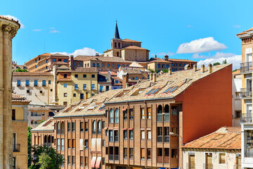 Ancient architecture on blue sky background of Spanish Segovia