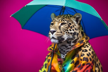 Portrait of a leopard wearing a raincoat and an umbrella in studio, colorful background. Autumn concept. Generative AI