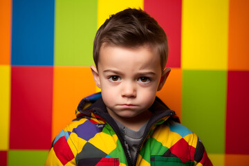 Studio portrait of a little boy being skeptical and critical, isolated on colorful background. Kids emotions or moods concept. Generative AI