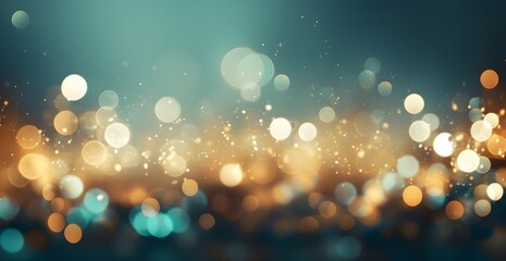 Christmas glowing Golden and blue night Background. Christmas lights. Gold Holiday New year Abstract Glitter Defocused. With Blinking stars, snowflakes and sparks. Blurred Bokeh banner, celebration