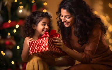 Obraz na płótnie Canvas Indian family photoshoot mother and daughter at Christmas. Close-up portrait of cute little girl unpacking gifts with her mom at home at xmas night new year celebration magic garlands bokeh background