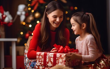 Obraz na płótnie Canvas Mother and daughter at Christmas. Close-up portrait of cute little girl unpacking gifts with her happy mom at home at xmas night, new year celebration, magic garlands bokeh background