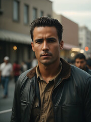 A handsome man look to camera on the street
