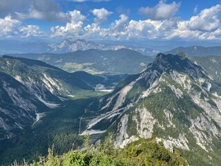 view of green valley down  Slovenian alps on the way to Mala Mojstrovka