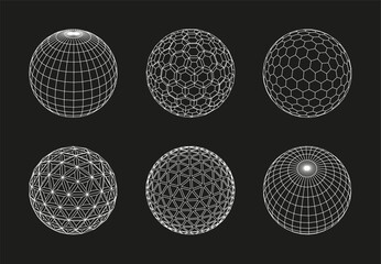 Sphere grid. 3D wireframe spheres, line globe outline mesh. Digital ball with polygons geometric patterns tech abstract minimalist concept. Vector isolated set