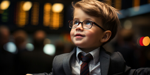 Intelligentes Kind mit Anzug beim Börsenhandel schaut zu und lernt im Querformat für Banner, ai generativ - obrazy, fototapety, plakaty