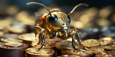 Kleine süße Ameise als Roboter Cartoon und blauen großen Augen, ai generativ - obrazy, fototapety, plakaty