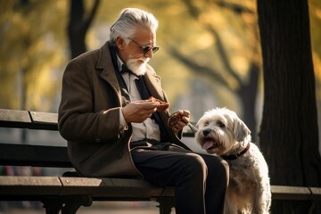 An aged man feeds a dog in the park