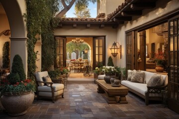 Open patio in Mediterranean style with comfortable armchairs