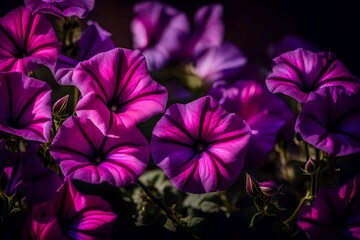 A Still Life Close Up Shot of Petunia Flowers. Delicate petals in shades of pink and purple fill the frame, each one  intricate details when examined up close - AI Generative