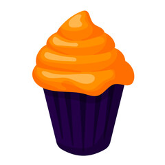 Halloween cupcake in cartoon style. Happy halloween. Vector illustration isolated on white a background.