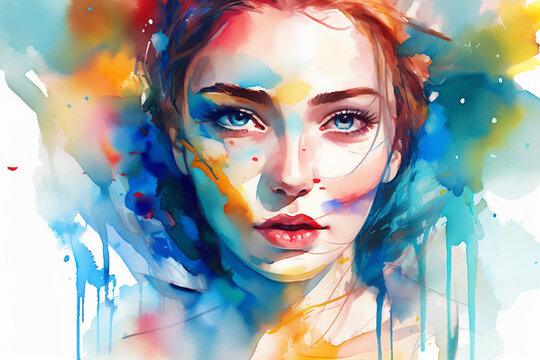 watercolor woman portrait fashion style art lip colourful face illustration beauty. Generative AI.