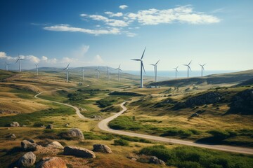 wind turbine in green hilly landscape with forest and sea on blue sky - obrazy, fototapety, plakaty